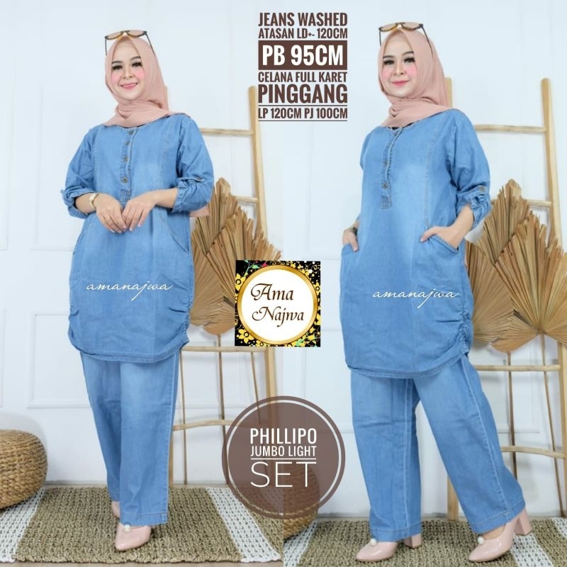Phillipo One Set Setelan Celana Tunik Polos Jeans Ld 120 Jumbo Fit XXXL Busui Kancing Aktif By Amj