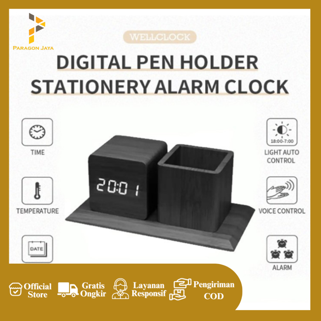 Jam Meja Kayu Wood Clock Digital LED with Pen Holder Tempat Pensil