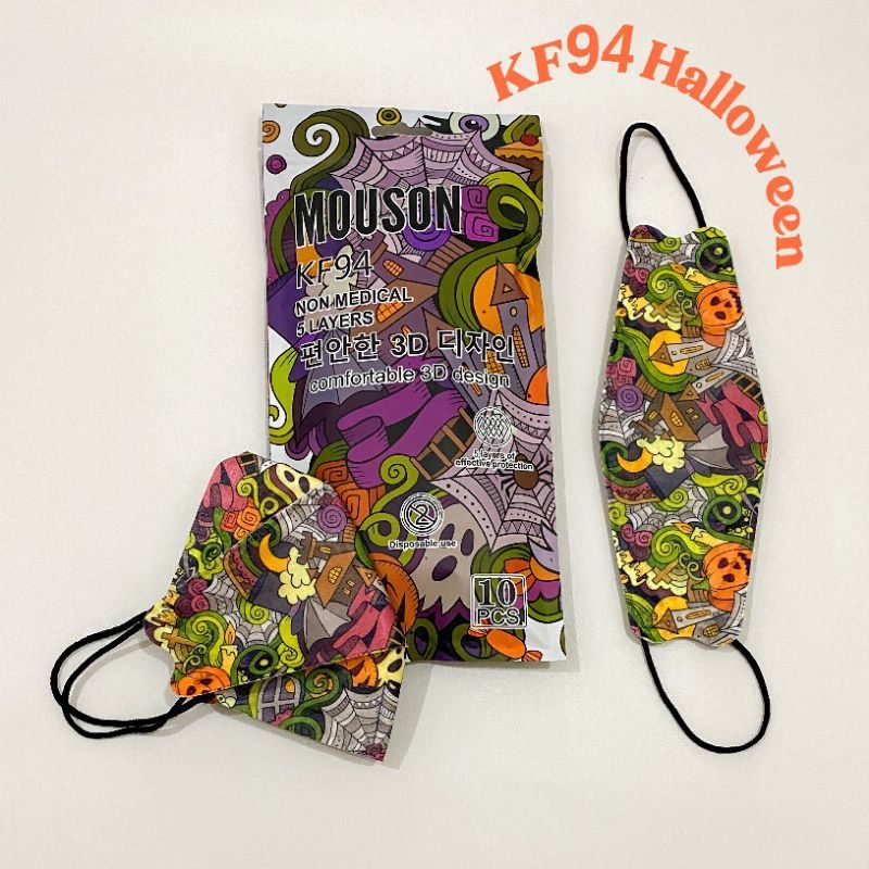 Masker Mouson KF94 Warna Hitam Putih Abu Biru Merah Love Halloween Careion