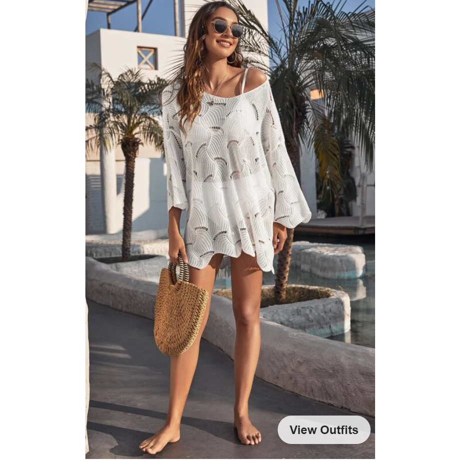 Drop Shoulder Open Knit Cover Up Without Bikini