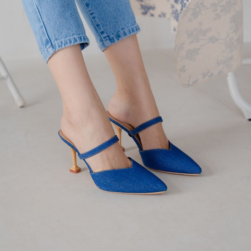 ECCLETTE - DORE HEELS - 8 cm | Sepatu Hak Wanita Mules Stiletto Denim Wedding Graduation Wisuda Tali