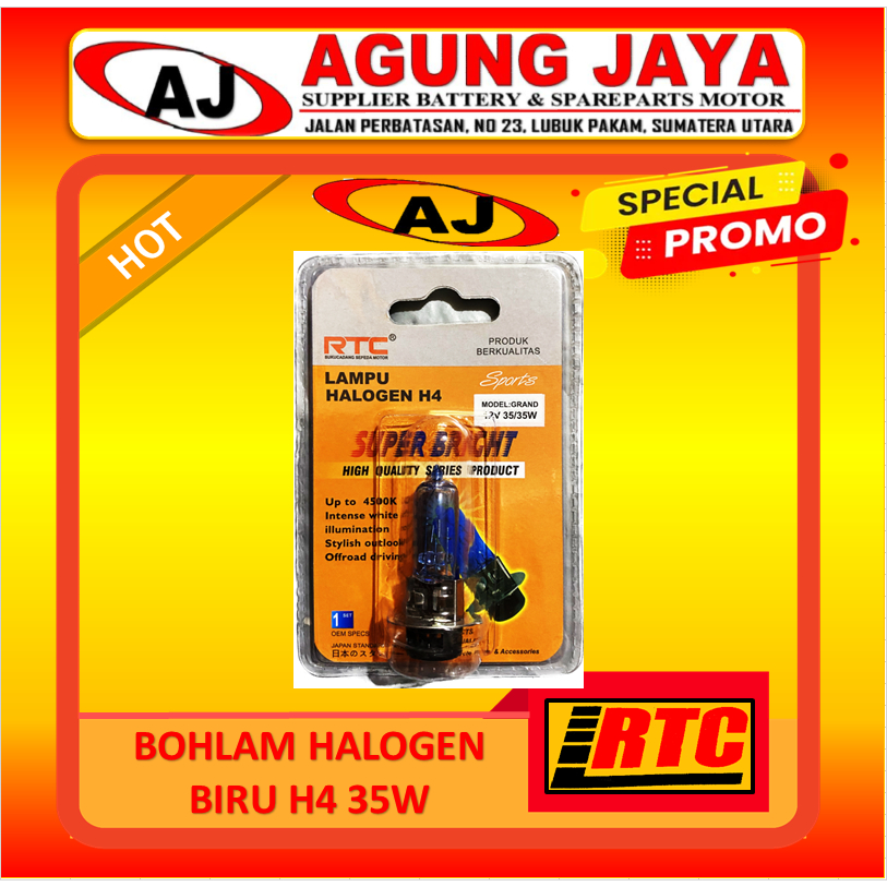 Bola Lampu Halogen Biru Cahaya Putih H4 Platinum Merek RTC