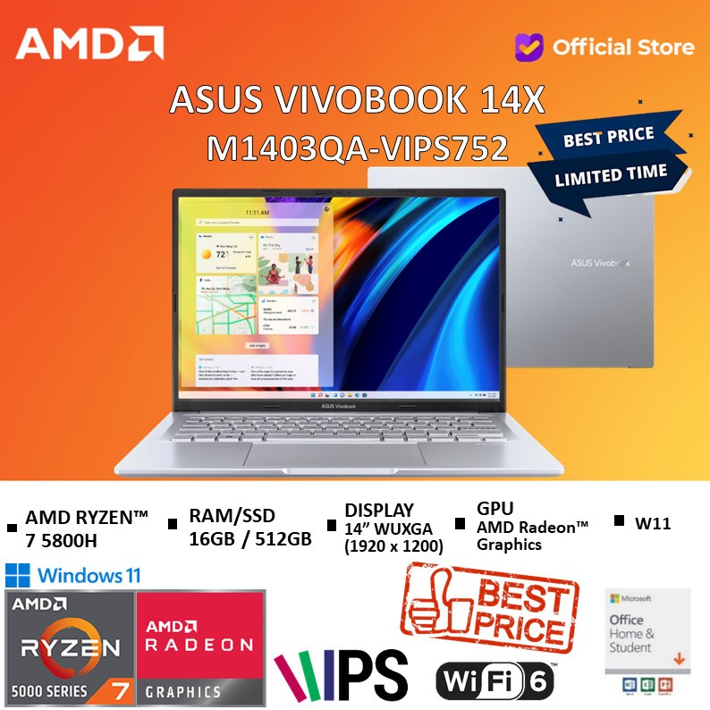 ASUS VIVOBOOK 14X M1403QA RYZEN 7 5800H 16GB 512SSD W11+OHS IPS WUXGA - FS Silver, No Bundling