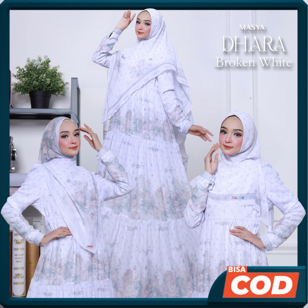 Set Gamis Dress Voal Waffle Khimar Scarf Instan Ceruty Babydoll Printing Premium Syari Branded Putih