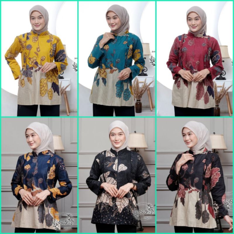 Batik Wanita Modern Motif Mawar Resleting Lengan Panjang