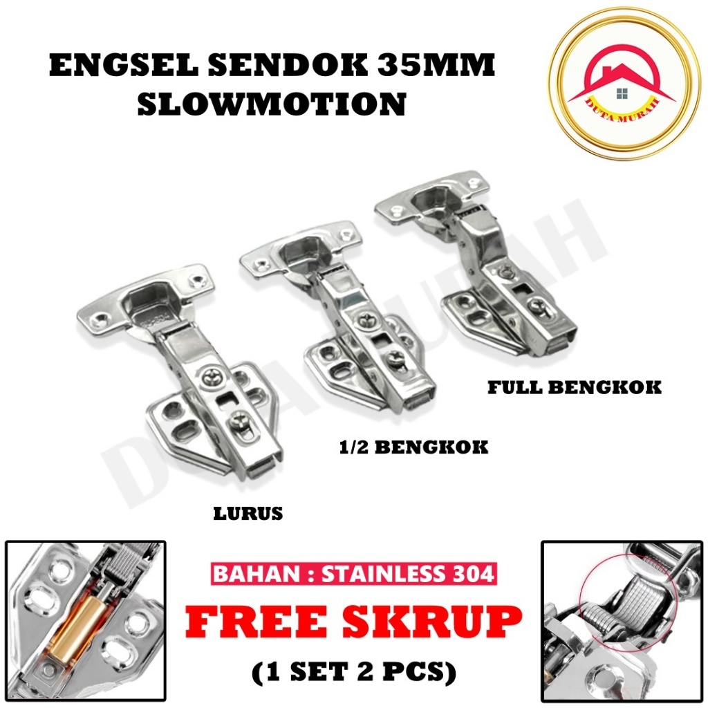Engsel Sendok Stainless Steel 35mm Slowmotion Engsel Pintu Slowmotion Lurus Set Bengkok Full Bengkok