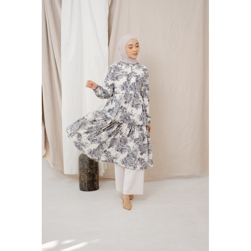 P1 - Khais Couture Tunik Lengan Panjang Wanita Rok Susun Motif Dior Casual