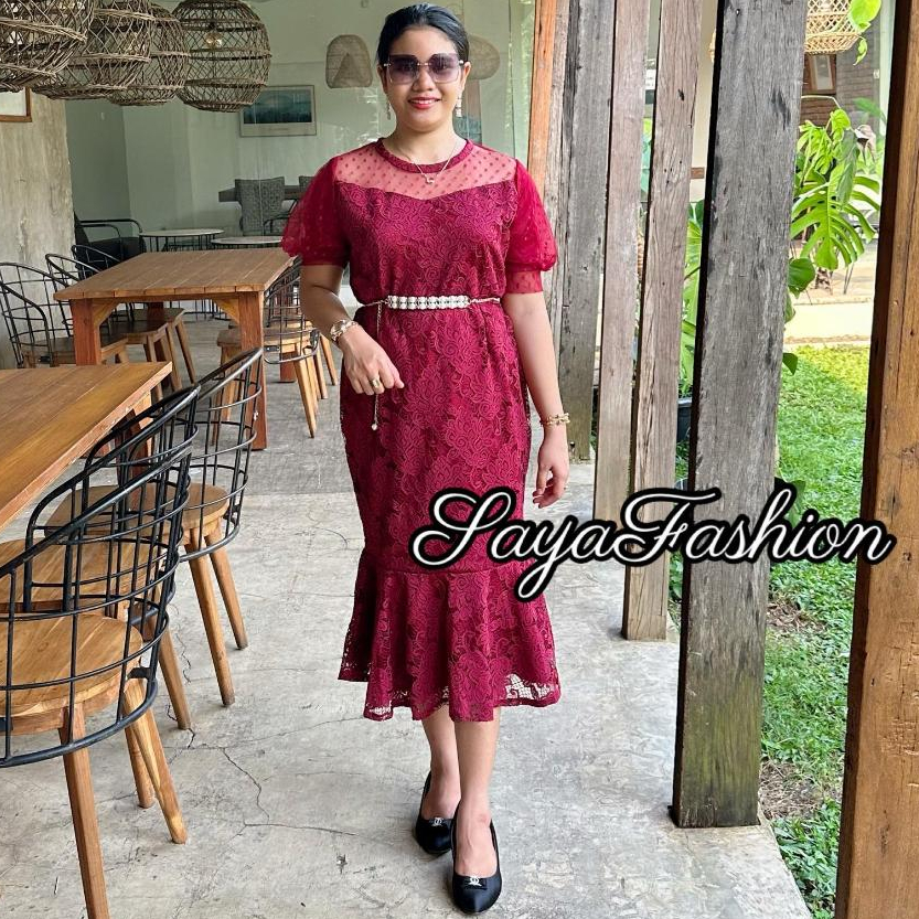 Dress Brukat Duyung Maroon Polos FREE Belt Midi Gaun Pesta 51030 +BELT