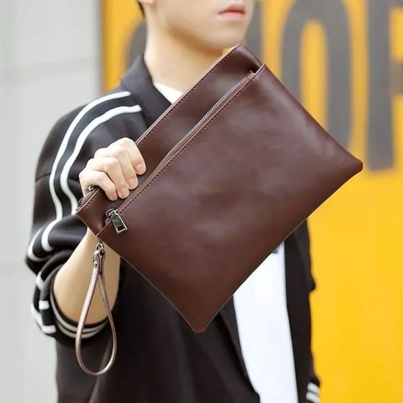 CUSTOM LOGO - Clutch Pria Kulit Premium Import Handbag Tas Tangan  Pria Wanita Double Zipper / Salma