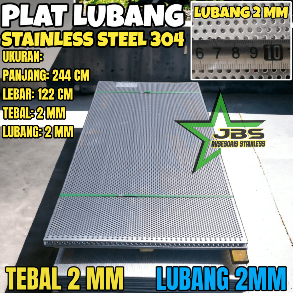 PLAT LUBANG 304 - 122CMX244CM - (2 MM) - LUBANG 2MM STAINLESS 304- PLAT PERFORATED PREMIUM