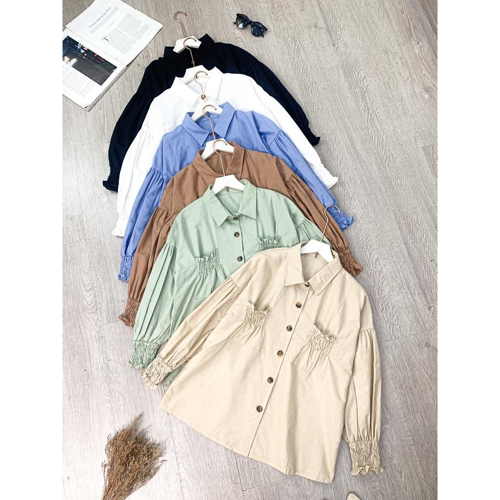KEMEJA KATUN LINEN POCKET ATASAN BAJU WANITA BLOUSE KANTONG SERUT CANTIKA TOP LINEN