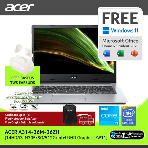ACER LAPTOP ASPIRE 3 A314-36M-36ZH 14FHD INTEL i3-N305 RAM 8G 512G SSD ACER OFFICIAL STORE