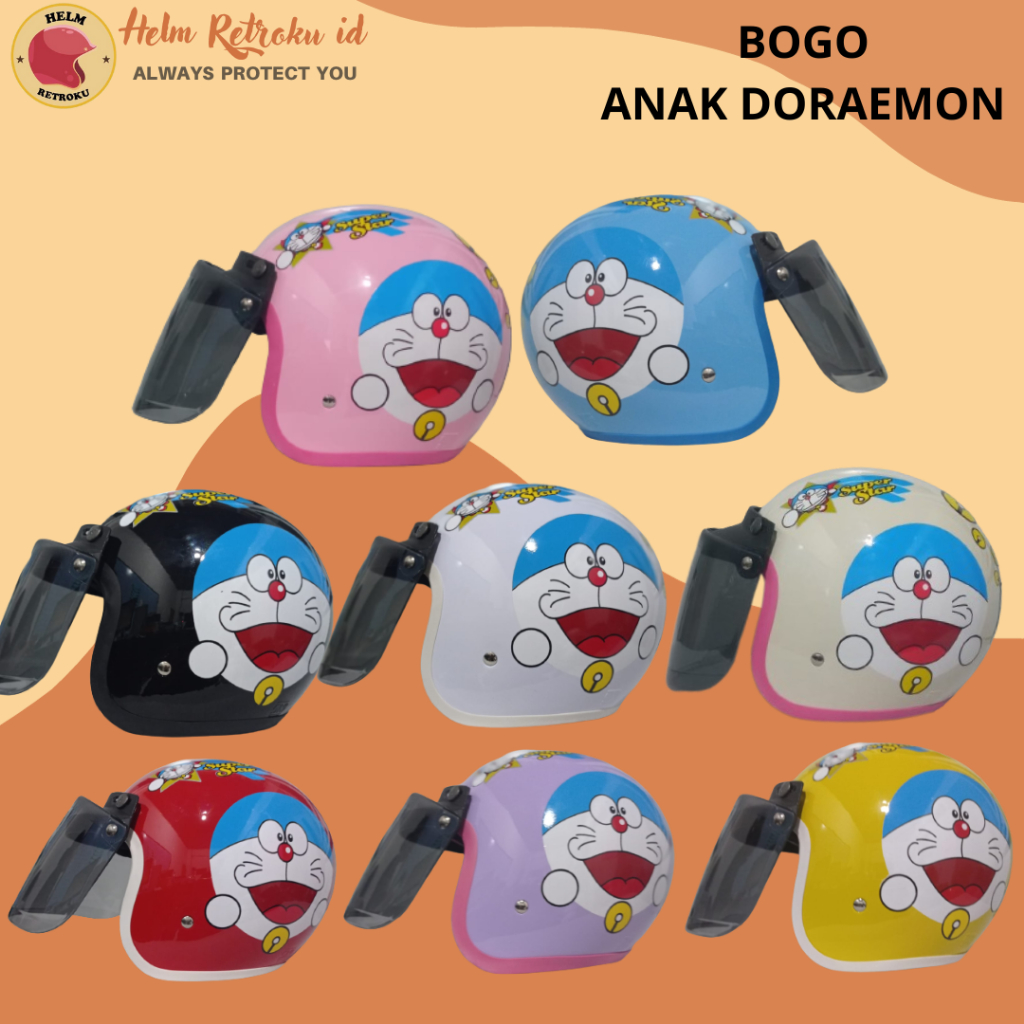 Helm ANAK motif DORAEMON lucu Helm Anak SNI umur 3-12 Tahun Free Kaca Datar Hitam