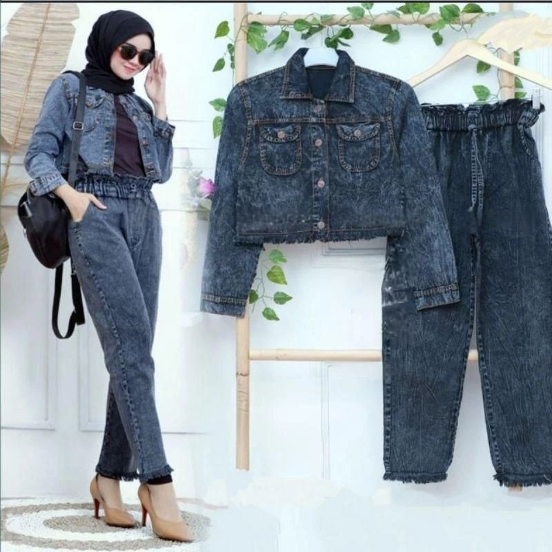 One Set Uotfit Jaket Dan Jeans Setelan Wanita Jaket Dan Jeans Yg Lg Viral