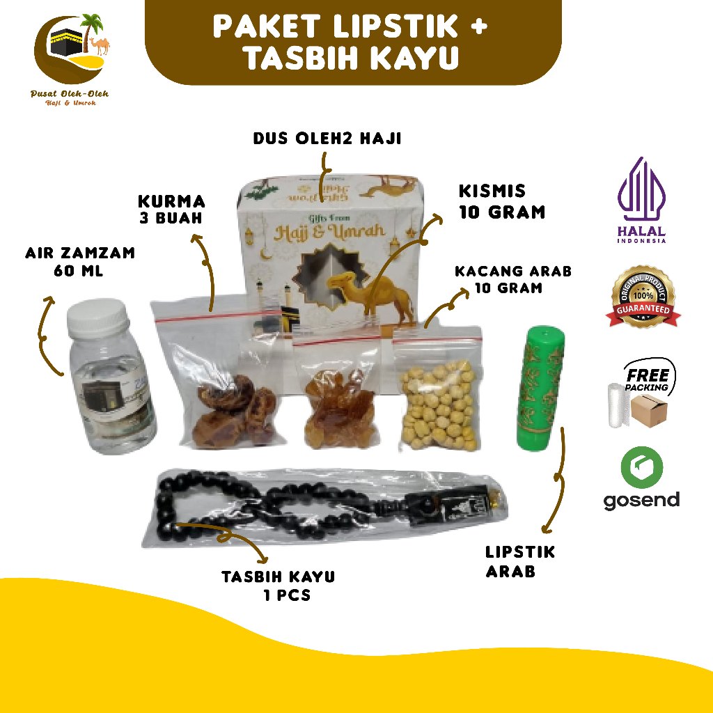 

Paket oleh oleh haji dan umroh air zamzam ori + Lipstik Arab + Tasbih kayu