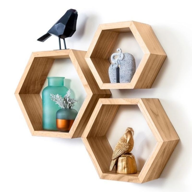 Rak Dinding Kayu Hexagonal | Hiasan Dinding Dekorasi Rumah Aesthetic