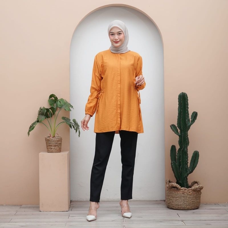 ALEA ALYA Atasan Kemeja Blouse semi Tunik Tali samping depan polo Linen Premium