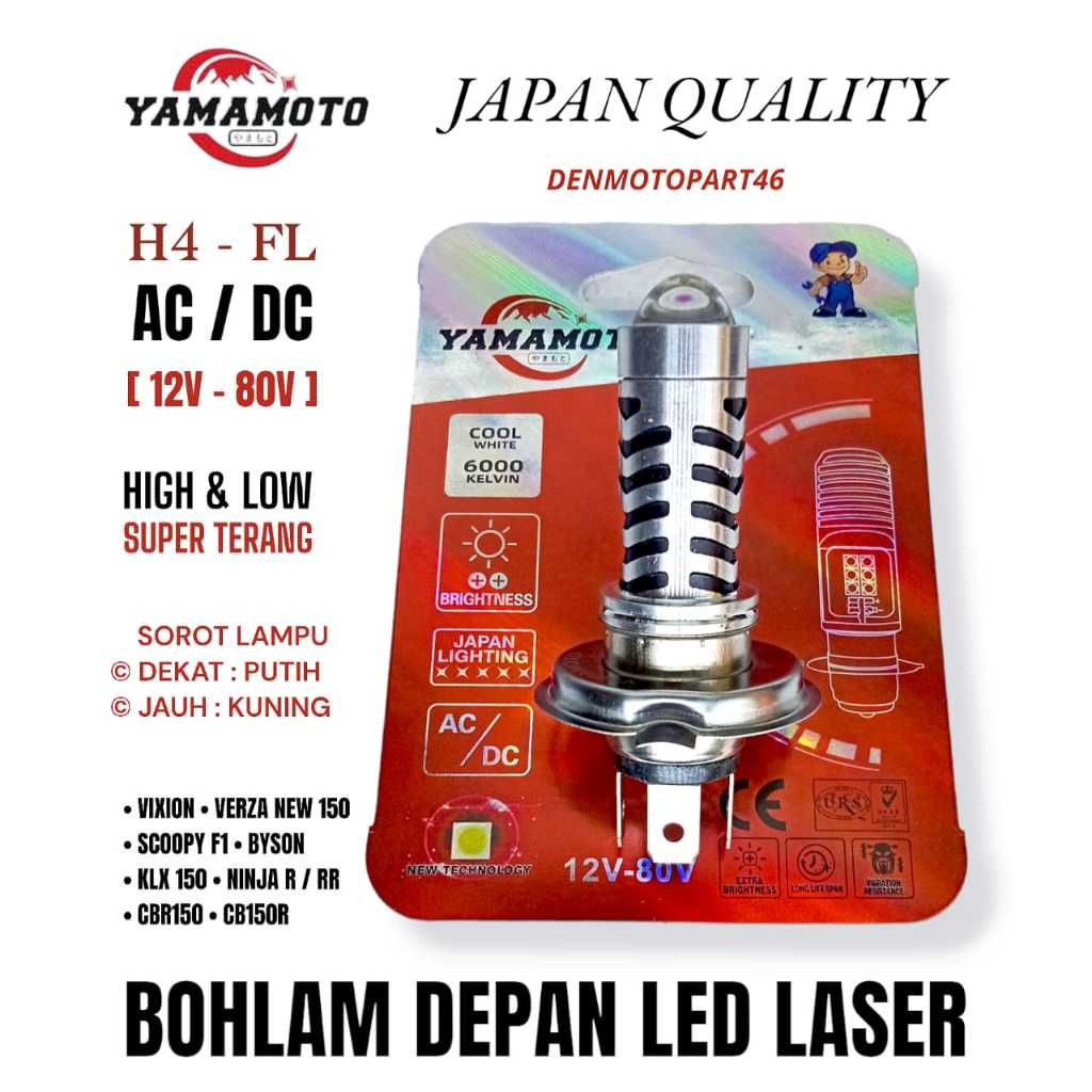 BOHLAM LAMPU DEPAN LED LASER [ H4 - FL ] H4 AC DC SUPER TERANG MOTOR - VIXION , CBR150 , CB150R , NI