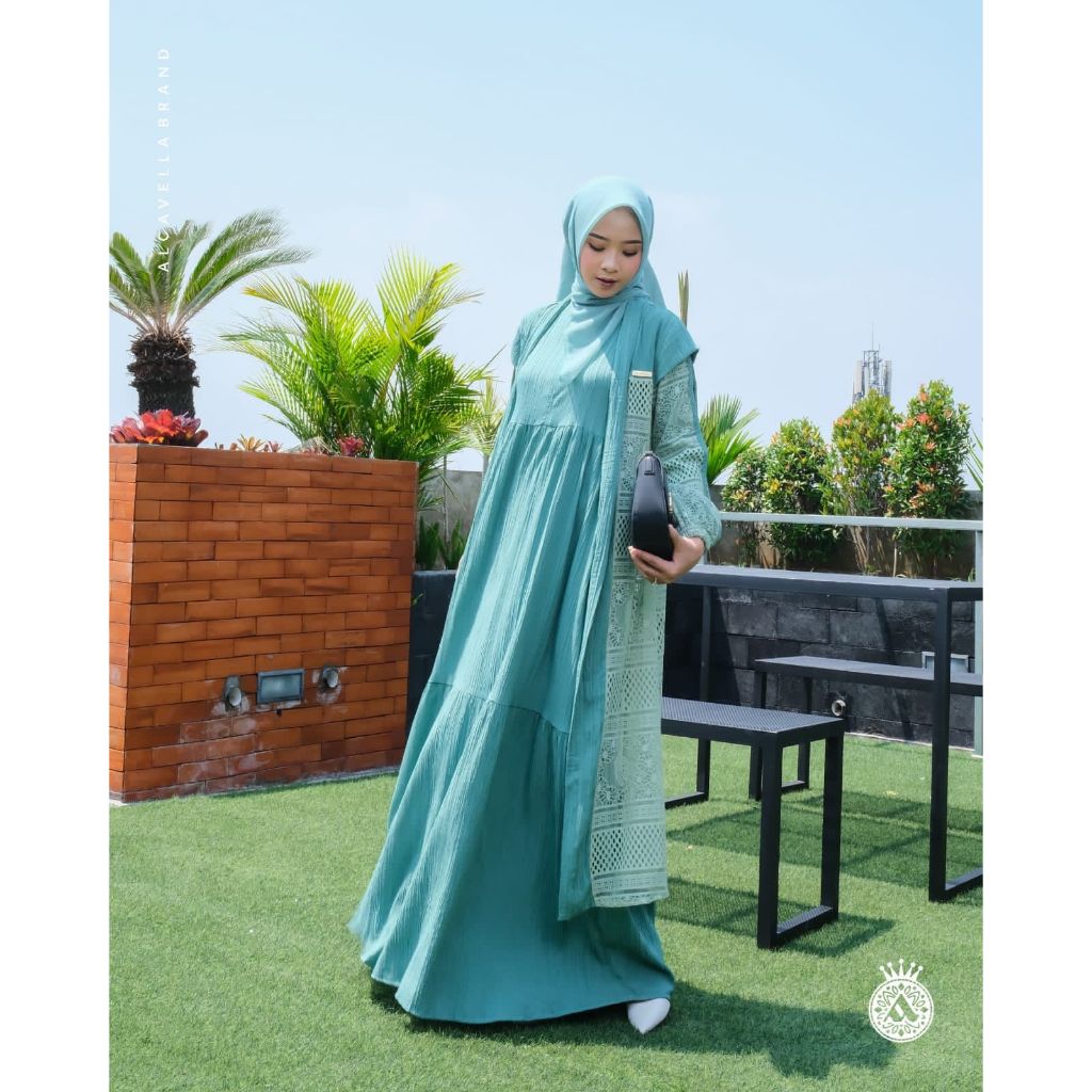 ALCAVELLA - ZARIFA DRESS SAGE GREEN SET HIJAB | Dress Wanita | Dress Muslim | Gamis Muslim | Dress K