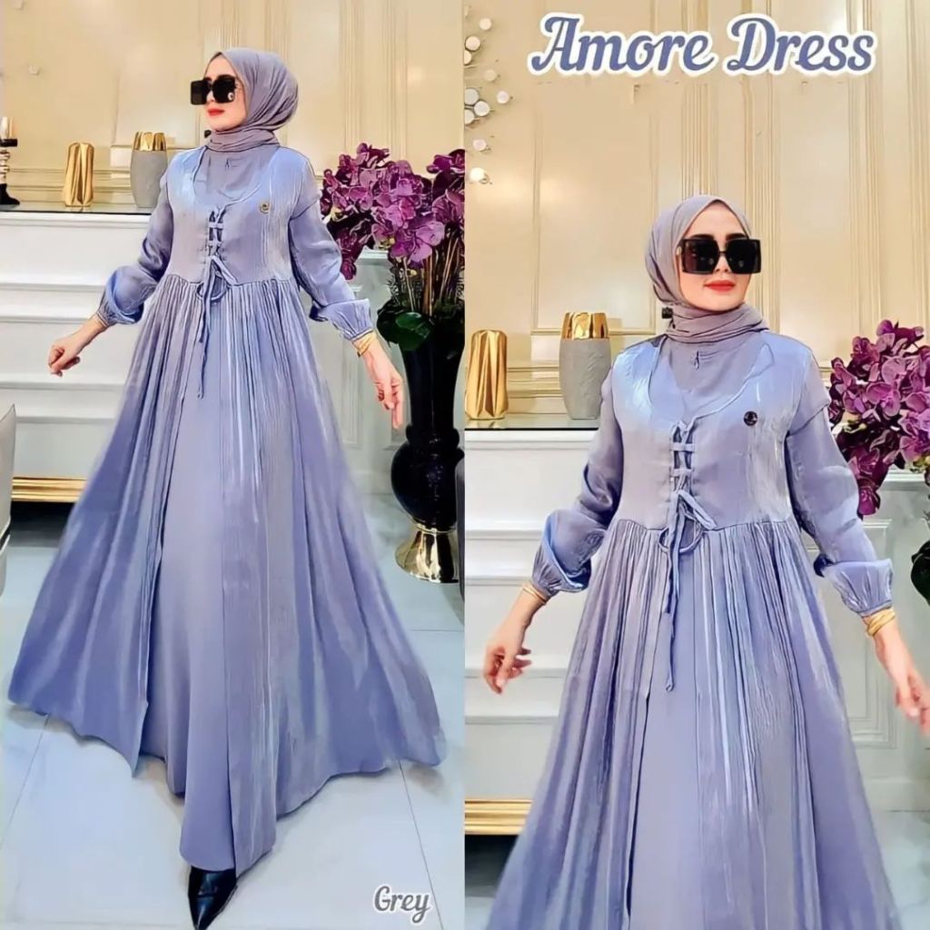 Amore Dress Gamis Shimmer Premium dress Kondangan Polos fashion wanita terbaru 2024