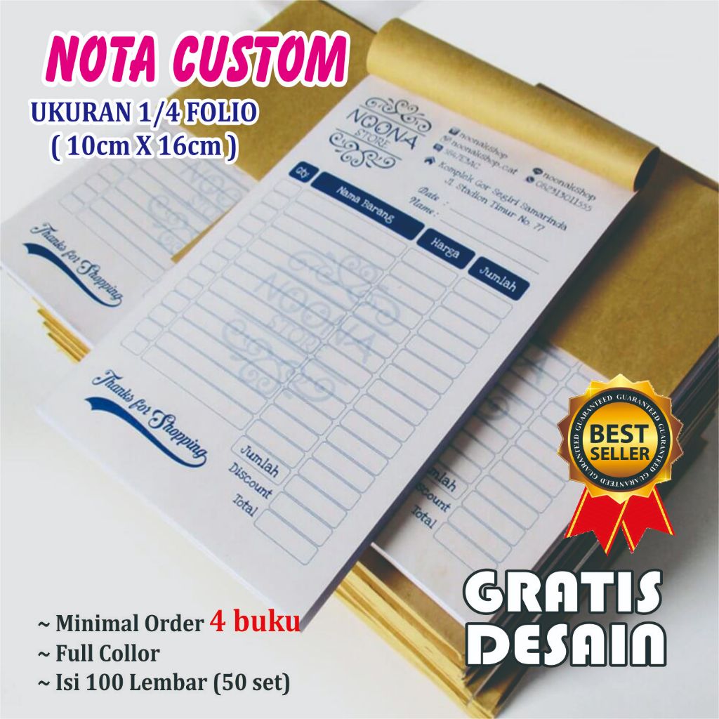 

Cetak nota custom murah 2 ply ukuran sedang 1/4 Gratis Desain Logo Bebas Nama Usaha toko Sendiri