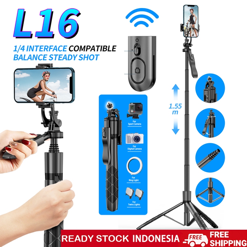 L16 Tongsis Tripod lampu LED Gimbal Stabilizer Bluetooth Selfie Stick Remote with LED 360° Rotate Tripod HP Kamera DSLR Tongsis 1530MM dengan 1/4 Antarmuka &amp; Pegangan Keseimbangan