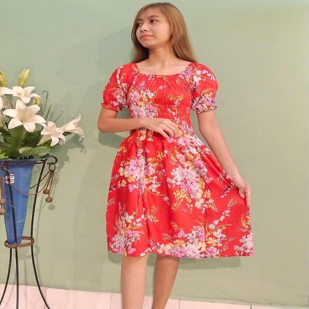 Dress Sabrina Kerut Panjang Selutut Kerut di Dada Model Sabrina Lengan Pendek - Dress Harga Grosir