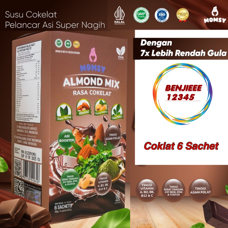 MOMSY Almond Rasa COKLAT 6 sachet box mini susu pelancar asi ASI booster menyusui momsy Momsy almon mix 6 SACHET coklat chocolate