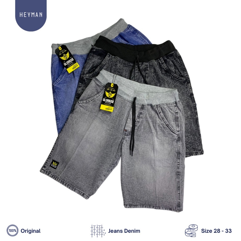 Heyman-Celana Jeans Pendek Pria Pinggang Rib/Boardshort Jeans