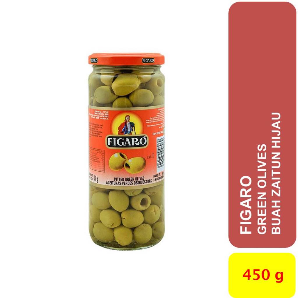 

Green Olive Buah Zaitun Hijau kemasan Botol 450 ml merk FIGARO