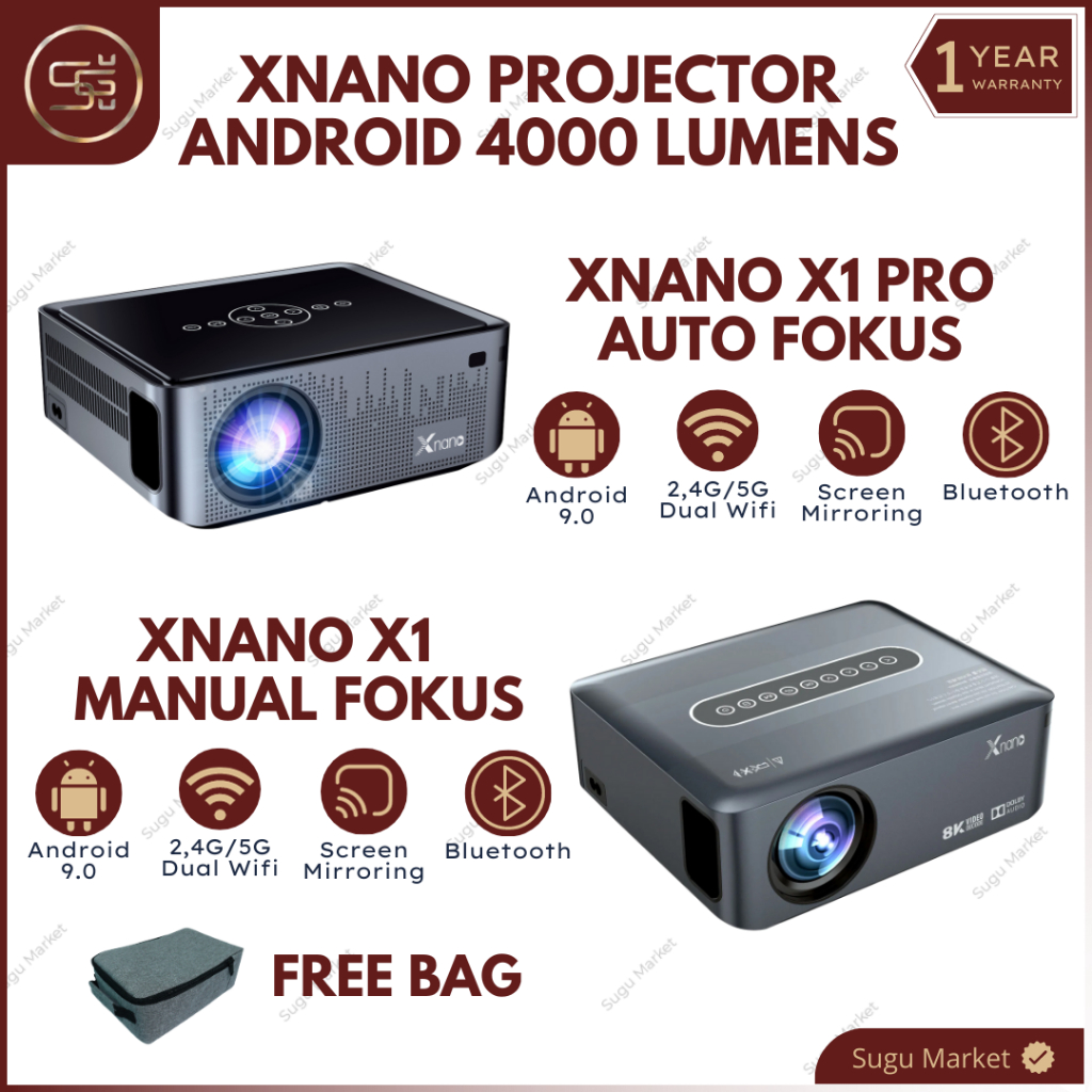 Proyektor XNANO X1 PRO Android 9.0 Wifi Bluetooth 4000 Lumens Mirroring 4K