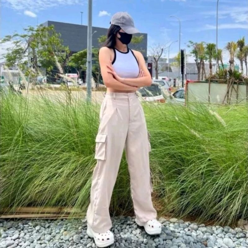 Celana Cargo Wanita Highwaist Kulot Pants Bahan Katun Drill