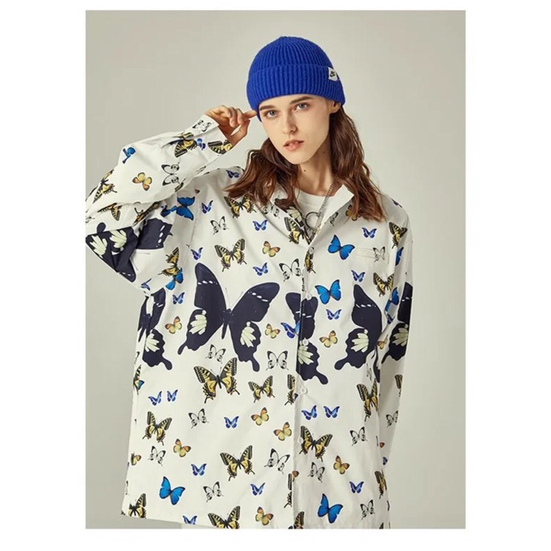 Atasan Wanita Kemeja Lengan Panjang Putih Oversized Butterfly Oversized
