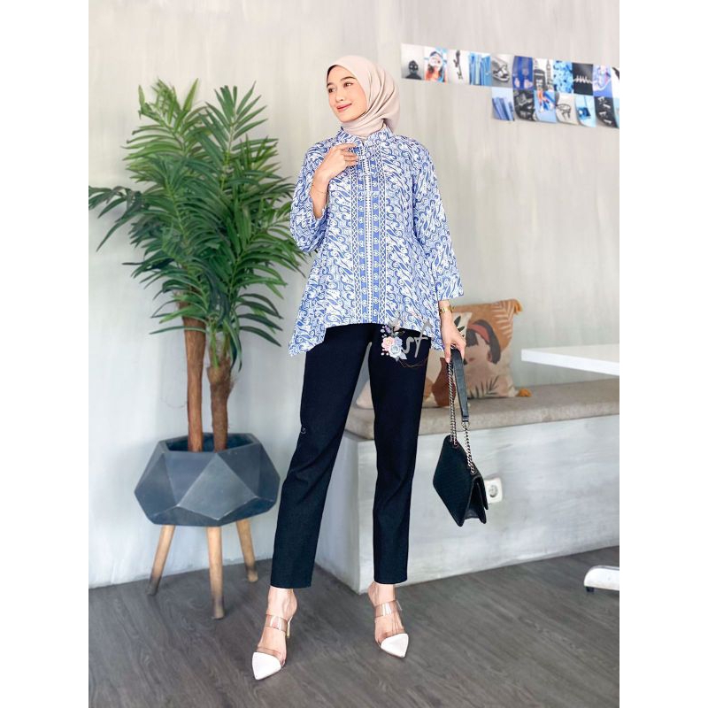 INDIGO DENIM SERIES atasan batik wanita baju batik wanita kerja kantor warna biru