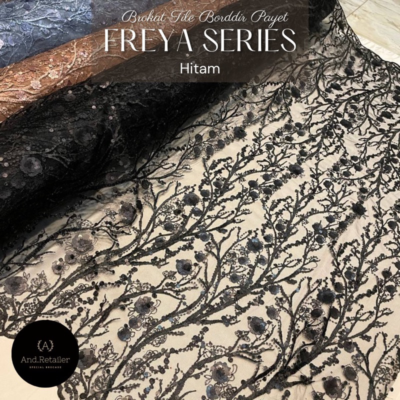Bahan Kain Brukat Tile Payet Mewah Freya Series Warna Hitam