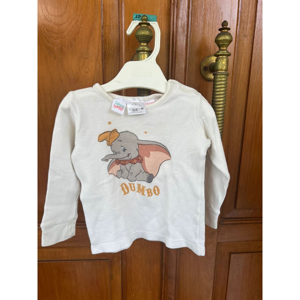 Kaos Baju 1 tahun Anak Perempuan Zara Disney Baby Dumbo Gajah Warna Putih Kaos Lengan Panjang Preloved
