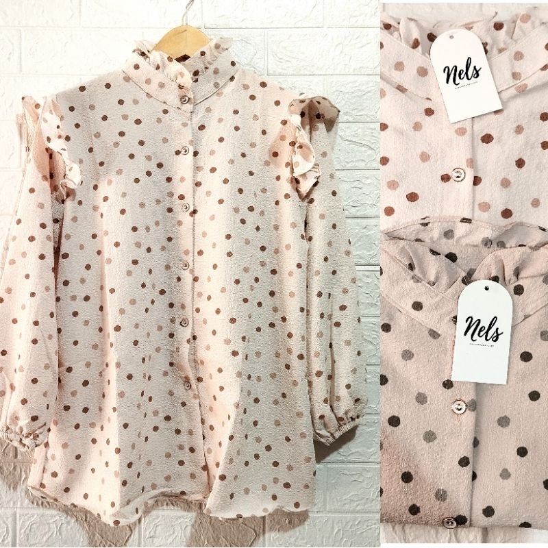 TOP BLOUSE RUFFLE KOREAN STYLE /ATASAN BLOUSE MOTIF POLKADOT