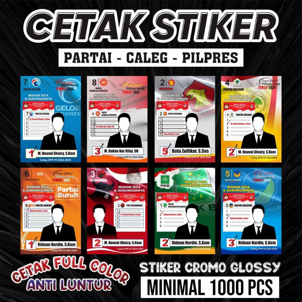 

Stiker Caleg 2024 Murah Meriah Free Desain Ukuran 10 x 15 CM