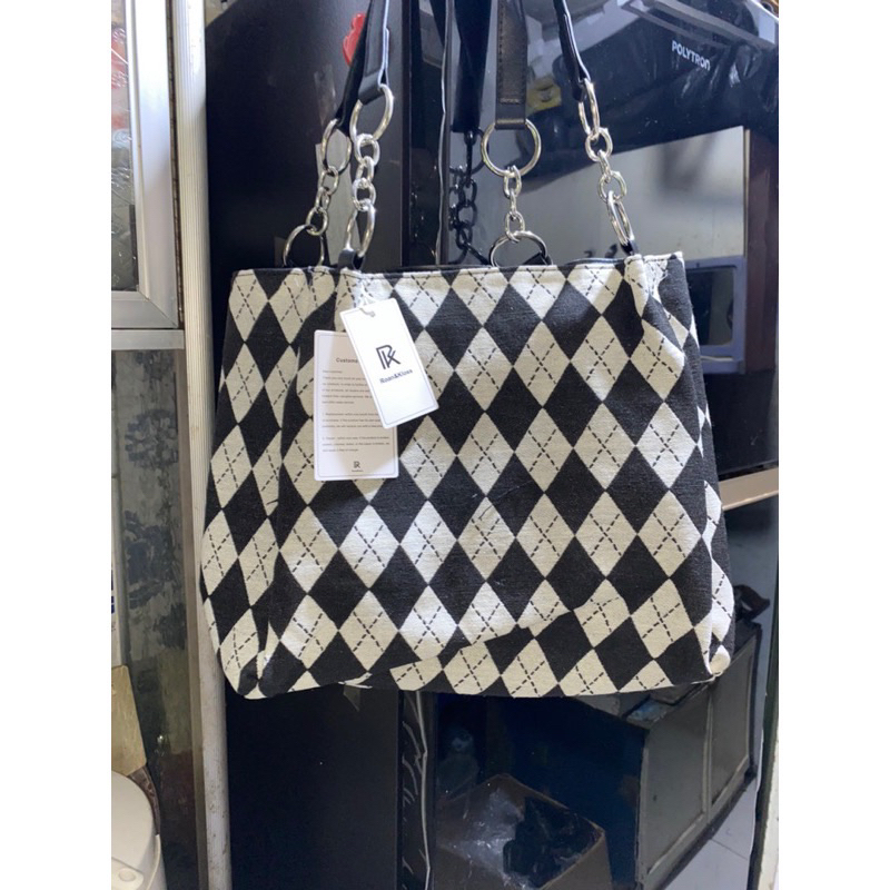 Tas Roan & Kloss Tas Wanita Tote Bag motif Catur Impor / Tote bag kanvas / Tote Bag Rubi’k