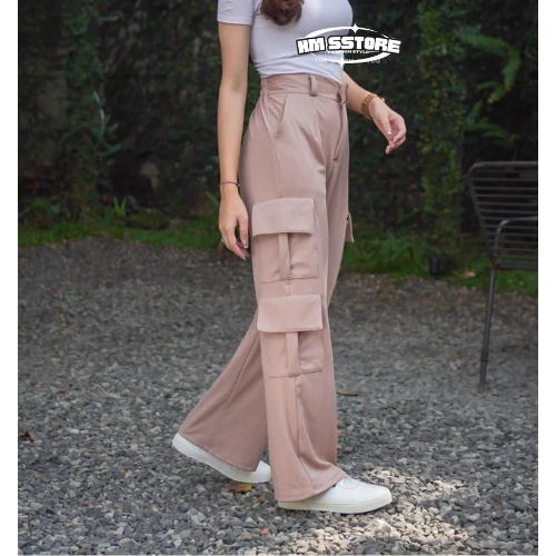HW STORE ll - Nara Cargo Pants - Celana Kulot Kargo Wanita - Loose Cargo Pants - Caro Pants Knitt Pr
