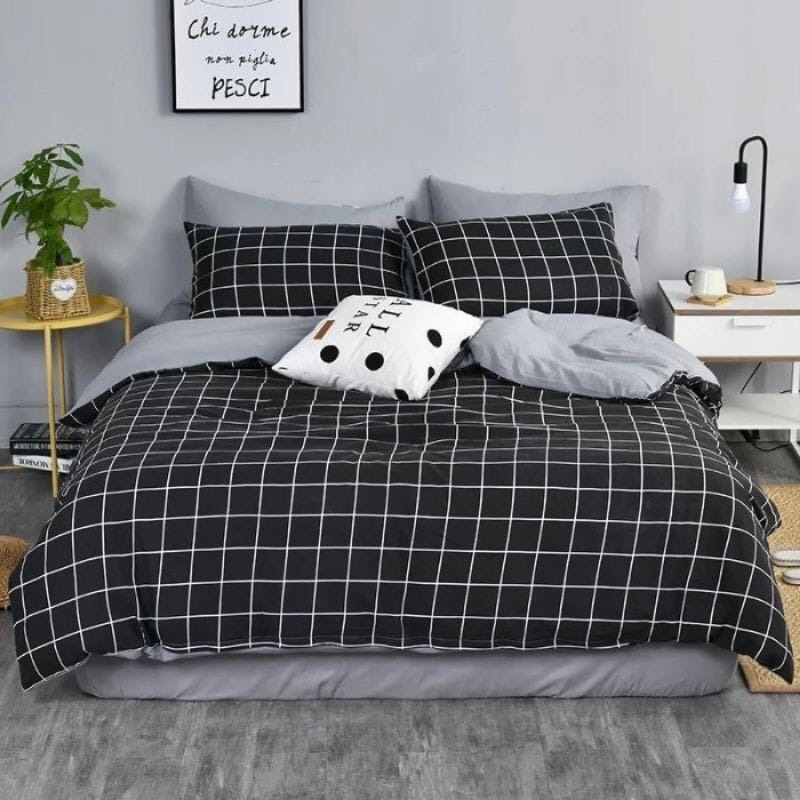 Bedcover Set Sprei Minimalis Aesthetic Kotak Kotak Hitam Ukuran 180 160