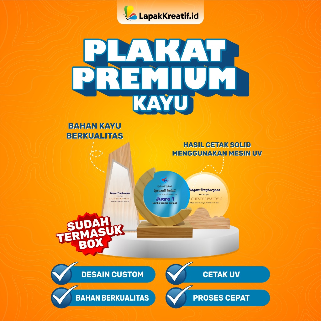 

Plakat Acrylic Kayu Print Custom tebal 20mm / Trophy premium / Cetak Piagam Penghargaan + Box Beludru