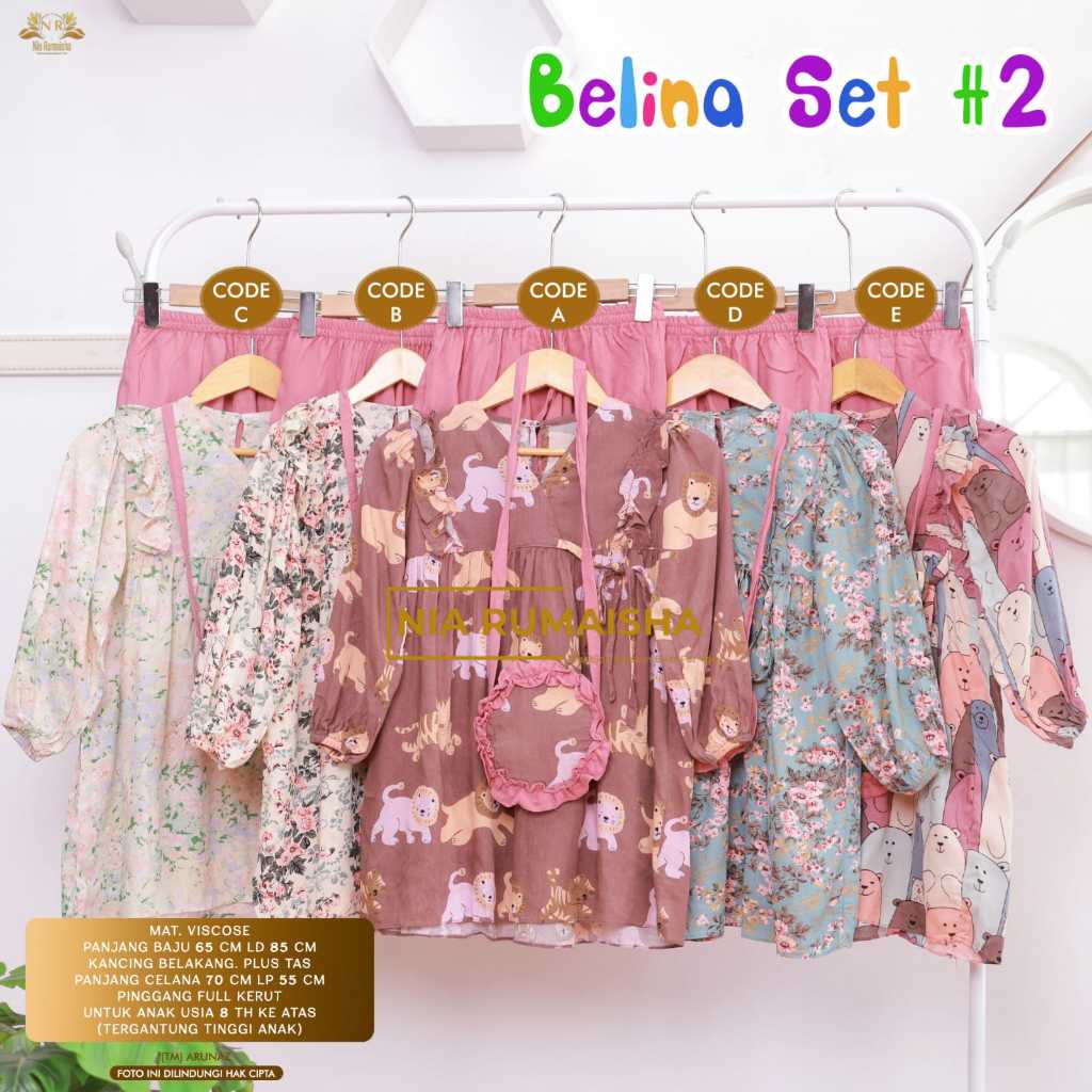 BELLINA SET #2 SETELAN BAJU ANAK PEREMPUAN USIA 6-10 TAHUN ONESET ANAK TUNIK DAN CELANA FREE TAS CAN