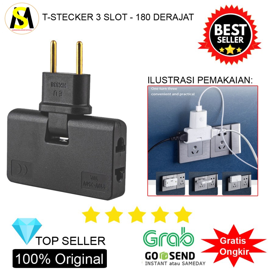 T Steker Adaptor AC Plug 3 EU JP Port - Minimalis Rotasi 180 Derajat