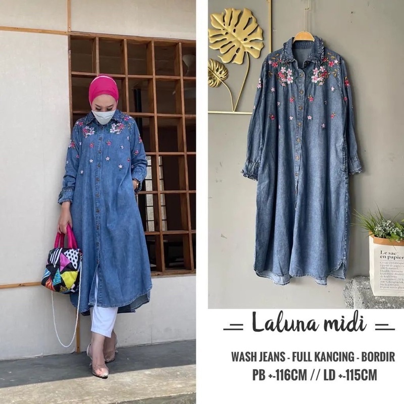 Laluna Midi wanita Bahan Jeans Wash LD 116 Full Kancing Kekinian