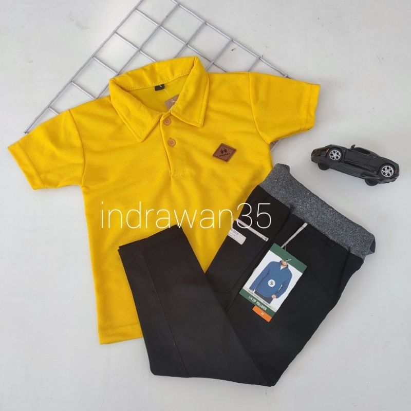 Baju setelan polo shirt celana panjang rib melar strech  set kaos kerah warna kuning kunyit