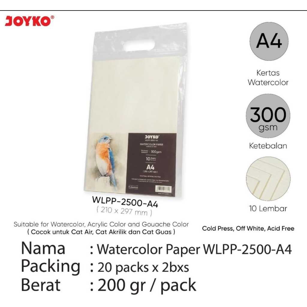 

water color paper wlpp 2500 A4 isi 10 lembar cold press 300 gsm kertas cat air joyko