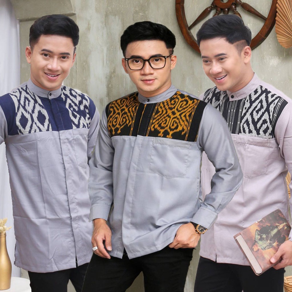 KEMEJA KOKO LENGAN PANJANG GREY KOMBINASI TENUN // KEMEJA KERJA KANTOR // BAJU KOKO // KEMEJA CASUAL