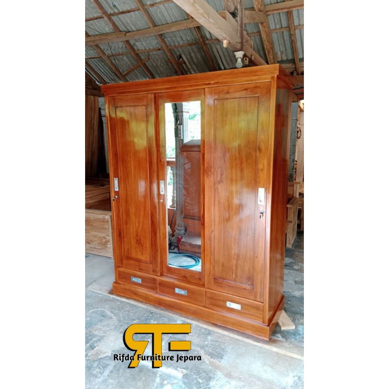 Lemari Pakaian Minimalis Jati Pintu 3 Slending / Lemari Baju Pintu Geser / Lemari Baju Kaca / Lemari