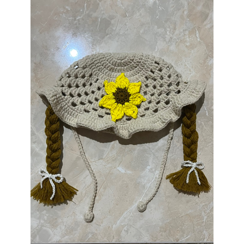 Topi bayi kepang rajut perempuan | wig bayi rajut kepang handmade